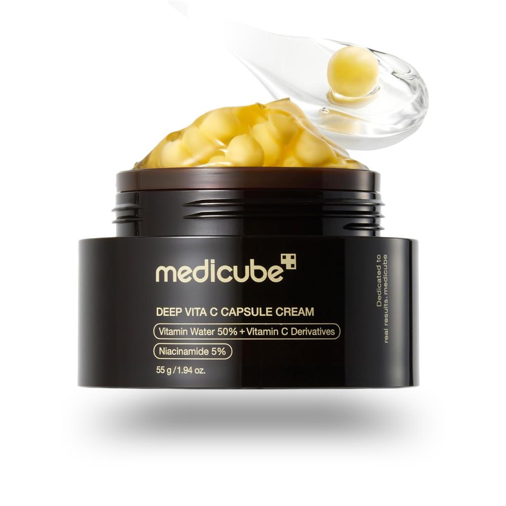 medicube Deep Vita C Golden Capsule Cream 50ml | Hidratante gel con cápsulas de Vitamina C, niacinamida + ácido ferúlico (luminosidad)