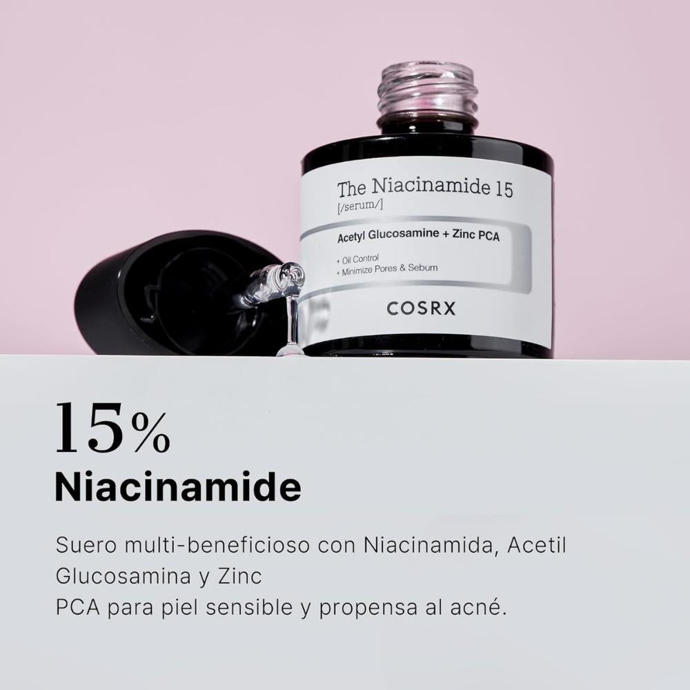 COSRX The Niacinamide 15 Serum 20 ml, sérum facial ultraligero de rápida absorción con Niacinamide 15% + Zinc PCA 1% + Acetyl Glucosamine (NAG)
