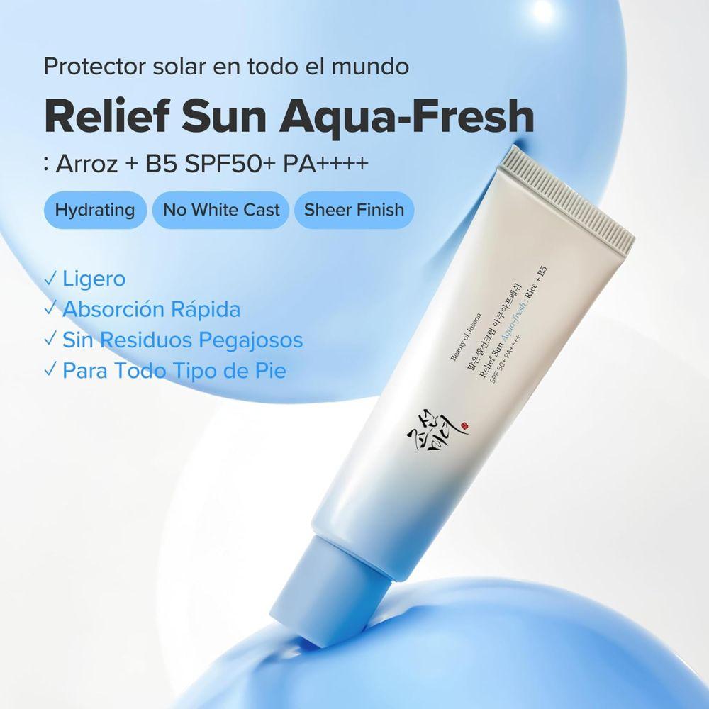 Beauty of Joseon Relief Sun Aqua‑Fresh Rice + B5 SPF50+ PA++++ protector solar facial - con agua de semilla de arroz y Vitamina B5- cruelty free; Entrega 24h