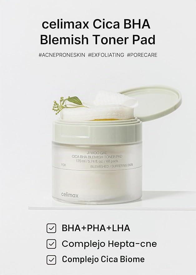 Celimax Ji.Woo.Gae CICA BHA Blemish Toner Pad | Exfoliación Suave con BHA PHA LHA + Centella Asiática + Hepta Cne Complex | Anti-Acné y Poros | 60 Pads
