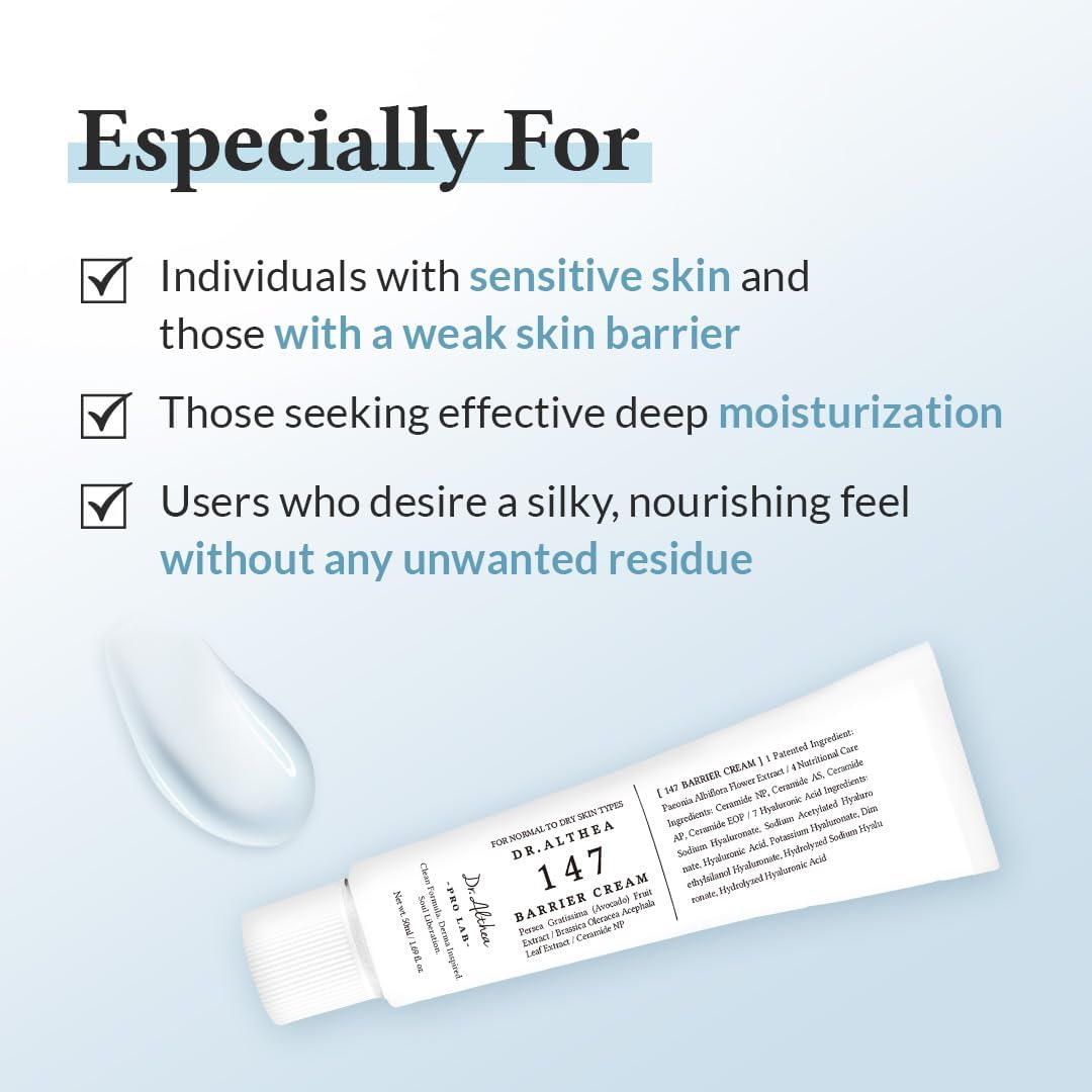 Dr. Althea 147 Barrier Cream 50 ml Crema Barrera Azulene con 4 Ceramidas y 7 Tipos de Ácido Hialurónico Vegana Reparadora e Hidratante para Piel Seca y Sensible