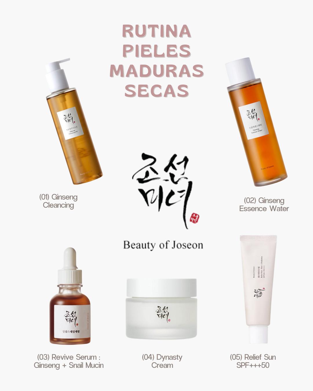 Beauty of Joseon- Pack Piel Seca & Madura (5 pasos): Ginseng Cleansing Oil + Ginseng Essence Water + Revive Serum Ginseng & Snail + Dynasty Cream + Relief Sun SPF50+