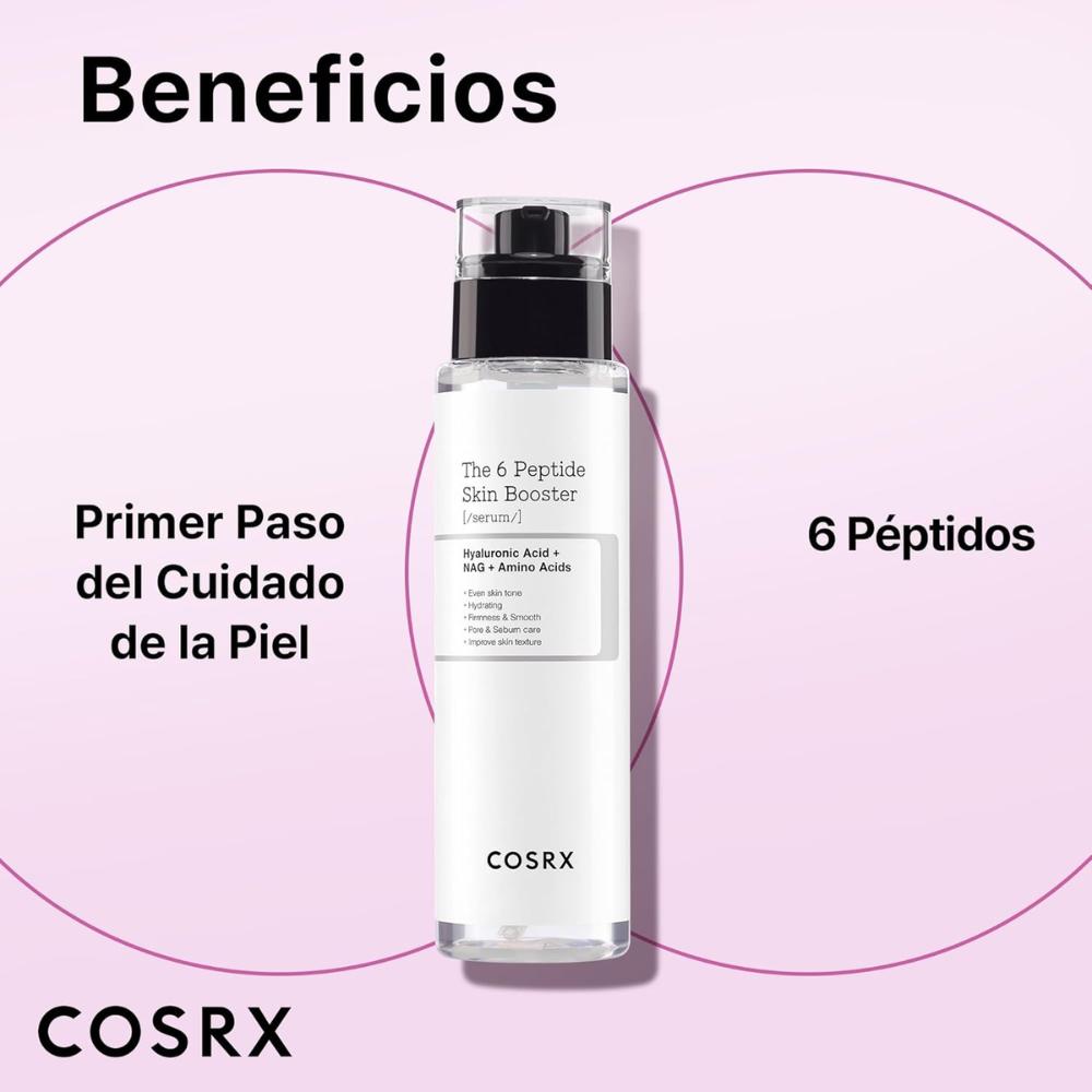 COSRX The 6 Peptide Skin Booster 150 ml, sérum/booster ligero de rápida absorción con complejo de 6 péptidos (Acetyl Hexapeptide‑8, Copper Tripeptide‑1, Palmitoyl Tripeptide‑8, Oligopeptide‑68 y más) + niacinamida + ácido hialurónico