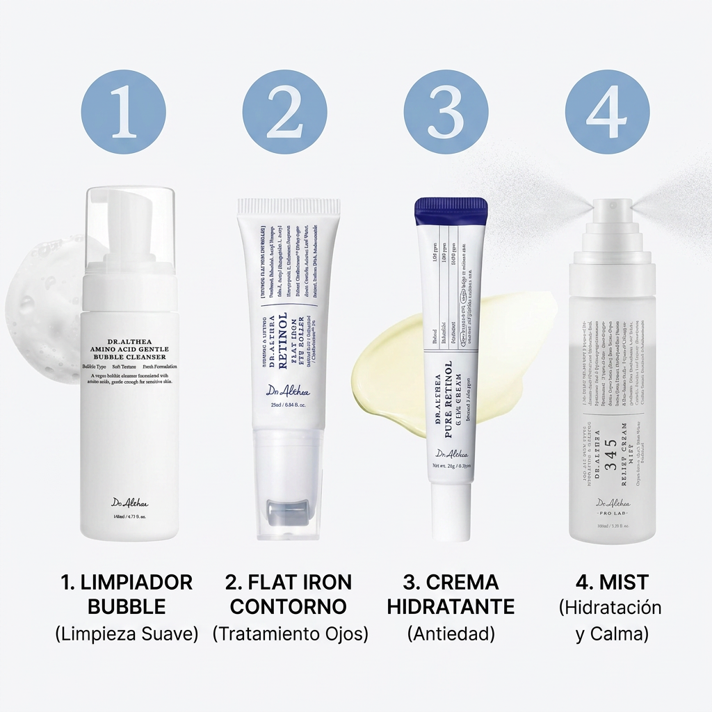 PACK DR. ALTHEA Rutina Antiedad Completa | Limpiador Bubble + Retinol Flat Iron Eye Roller + Pure Retinol 0.15% Cream + 345 Relief Mist | Rutina K-Beauty 4 Pasos con Retinol, Aminoácidos, Ceramidas y Activos Barrera | Antiedad · Firmeza · Efecto Glow