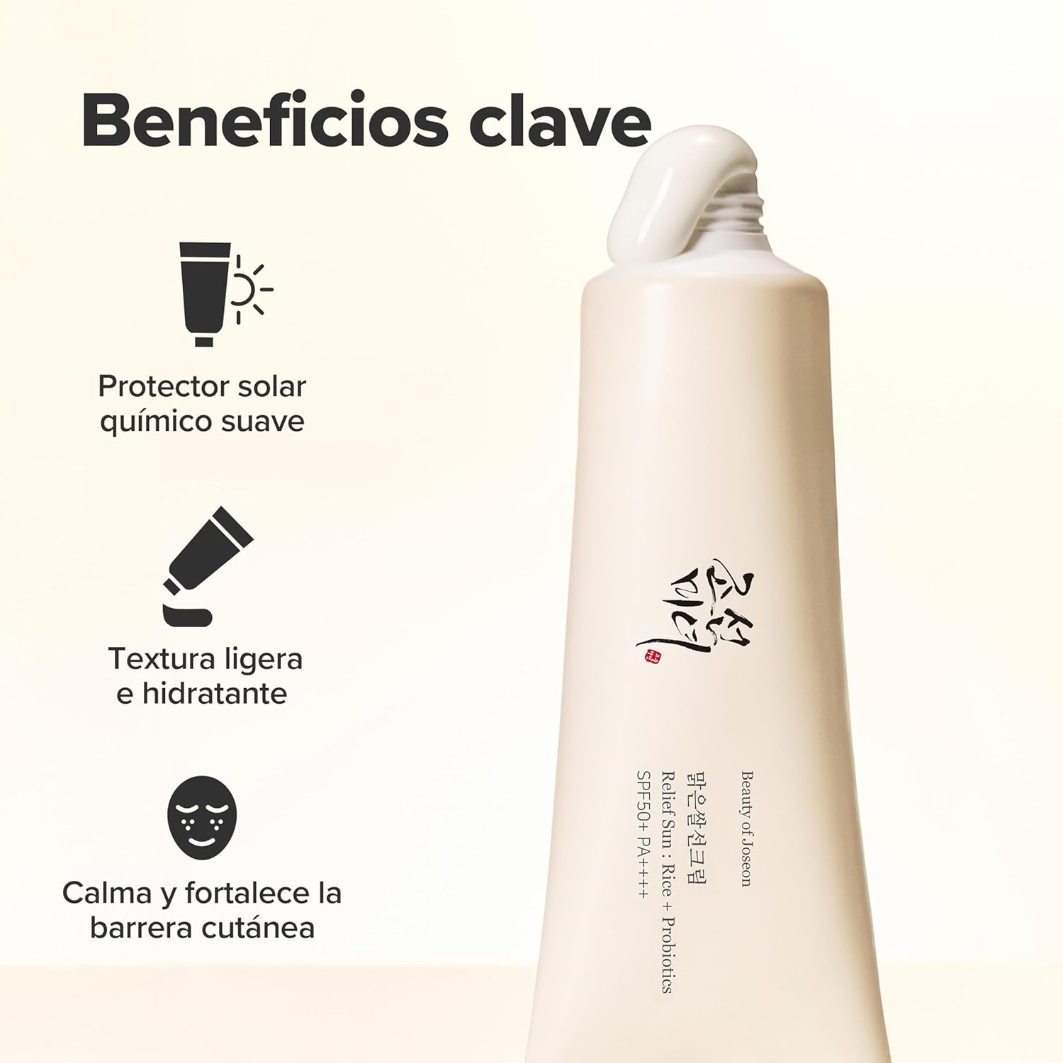 Beauty of Joseon Relief Sun SPF50 50 ml Protector Solar Arroz + Probióticos Ligero e Hidratante Textura Ultraligera y Sin Acabado Graso