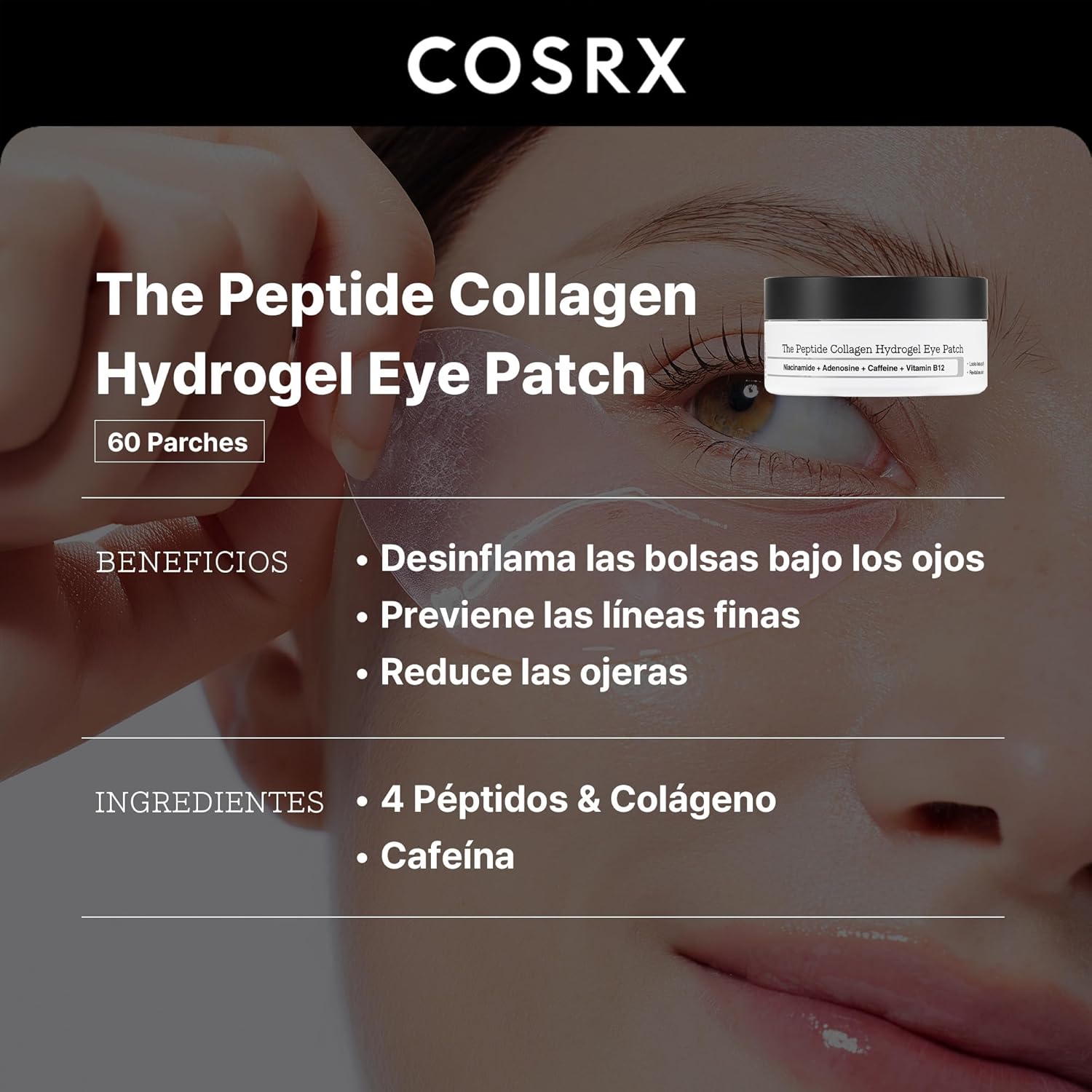COSRX Pink Peptide Collagen Hydrogel Eye Patches 60 uds | Parches de ojos con cafeína, péptidos + colágeno (bolsas y aspecto de ojeras)