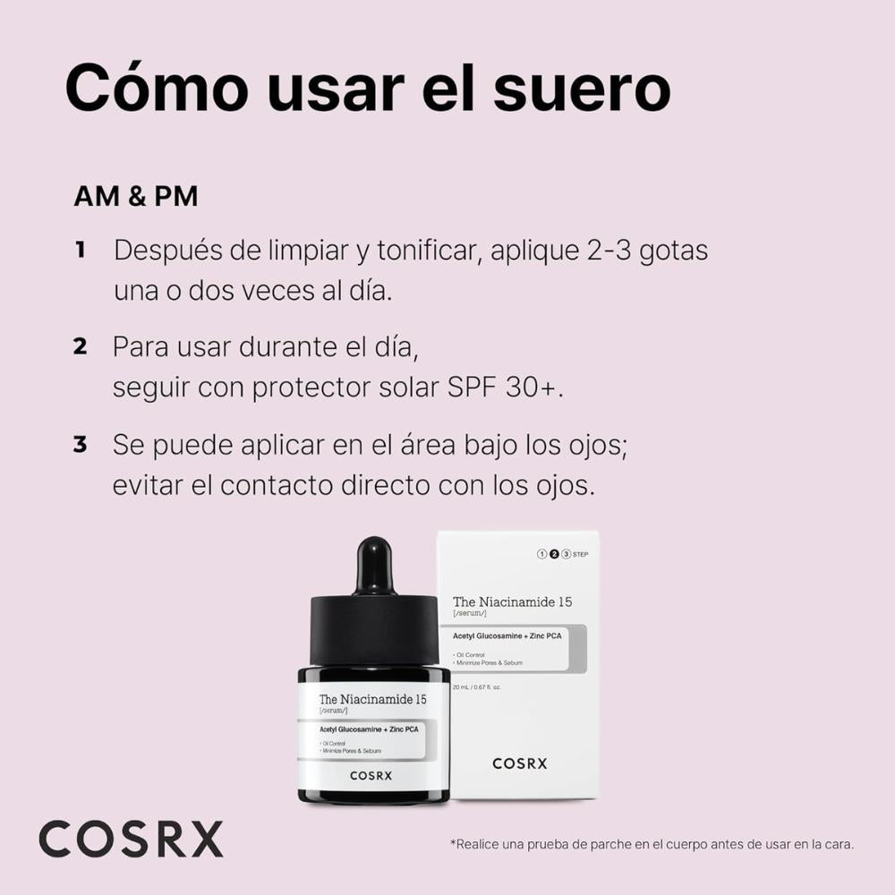 COSRX The Niacinamide 15 Serum 20 ml, sérum facial ultraligero de rápida absorción con Niacinamide 15% + Zinc PCA 1% + Acetyl Glucosamine (NAG)