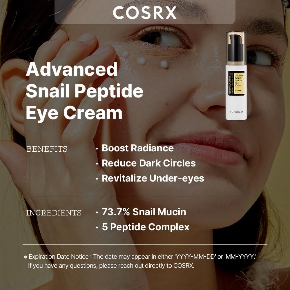 COSRX Advanced Snail Peptide Eye Cream 25 ml, crema ligera para el contorno de ojos con Snail Secretion Filtrate (mucina de caracol) + Peptide Complex‑5 (5 péptidos) + niacinamida