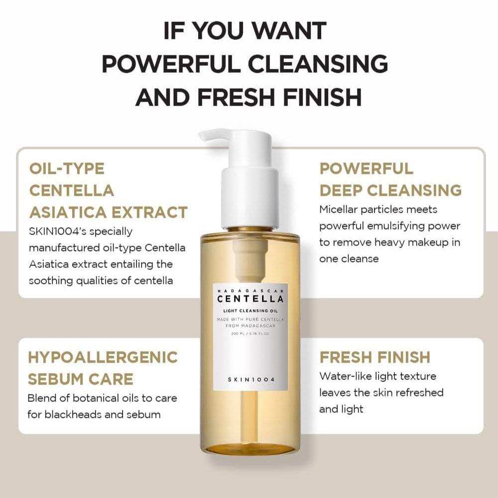 SKIN1004 Madagascar Centella Light Cleansing Oil 200 ml | Aceite limpiador coreano para doble limpieza, desmaquillante suave con centella asiática para poros y piel sensible