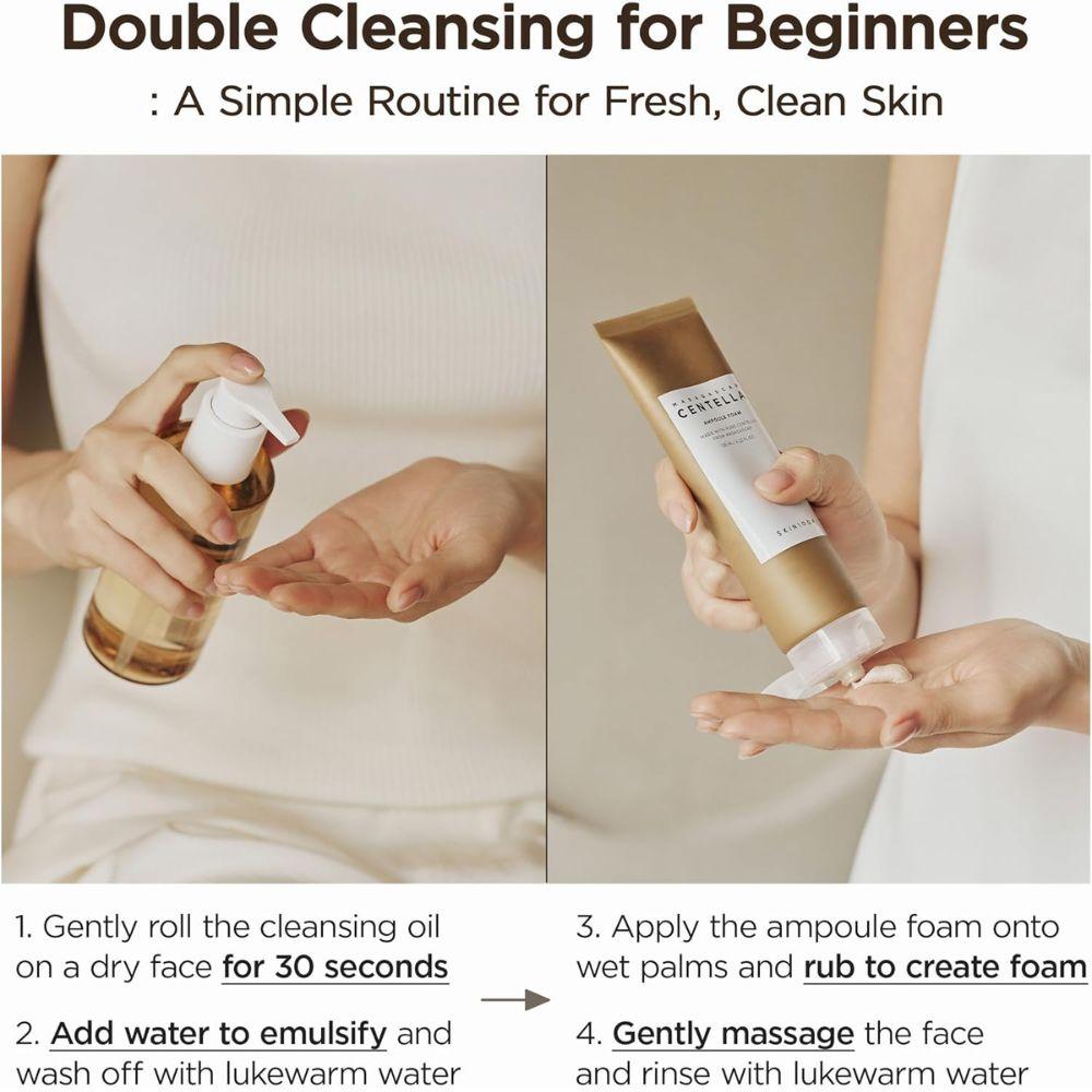 Pack SKIN1004 Madagascar Centella Double Cleansing Duo | Light Cleansing Oil 200 ml + Ampoule Foam 125 ml | Doble limpieza calmante que elimina maquillaje y limpia poros en profundidad