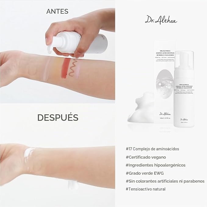 Dr.Althea Amino Acid Gentle Bubble Cleanser | Limpiador Facial Espuma con 17 Aminoácidos + Ceramidas + Ácido Hialurónico | pH Bajo | Piel Seca, Sensible y Acneica | Vegano Coreano | 140 ml