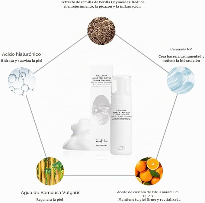 Dr.Althea Amino Acid Gentle Bubble Cleanser | Limpiador Facial Espuma con 17 Aminoácidos + Ceramidas + Ácido Hialurónico | pH Bajo | Piel Seca, Sensible y Acneica | Vegano Coreano | 140 ml