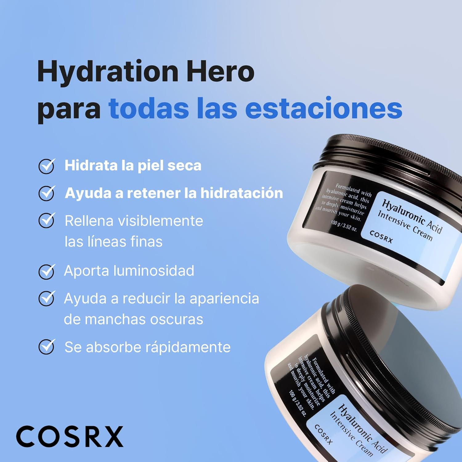 COSRX Hyaluronic Acid Intensive Cream 100 ml | Crema facial intensiva con ácido hialurónico, hidratación profunda y confort para piel seca y deshidratada