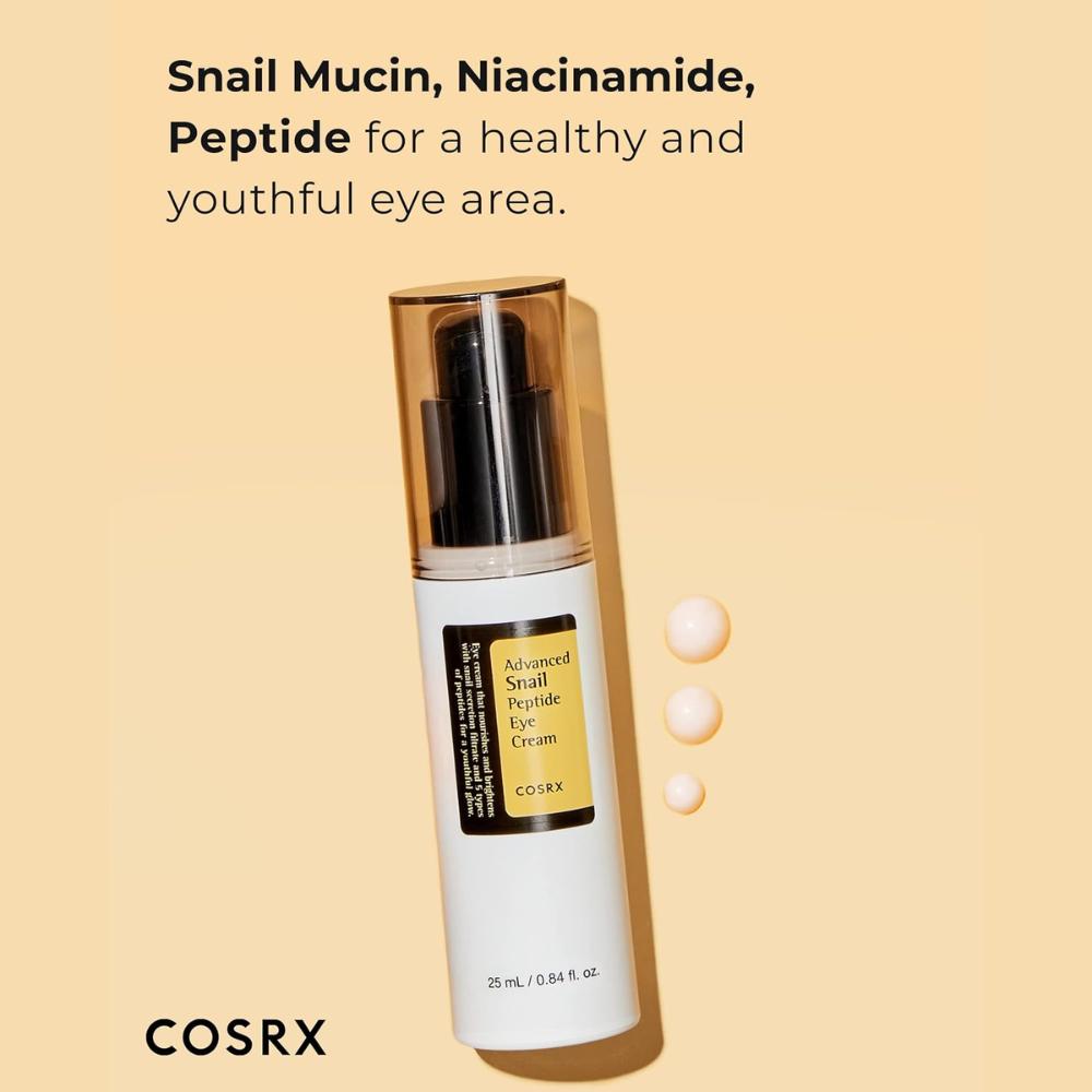 COSRX Advanced Snail Peptide Eye Cream 25 ml, crema ligera para el contorno de ojos con Snail Secretion Filtrate (mucina de caracol) + Peptide Complex‑5 (5 péptidos) + niacinamida