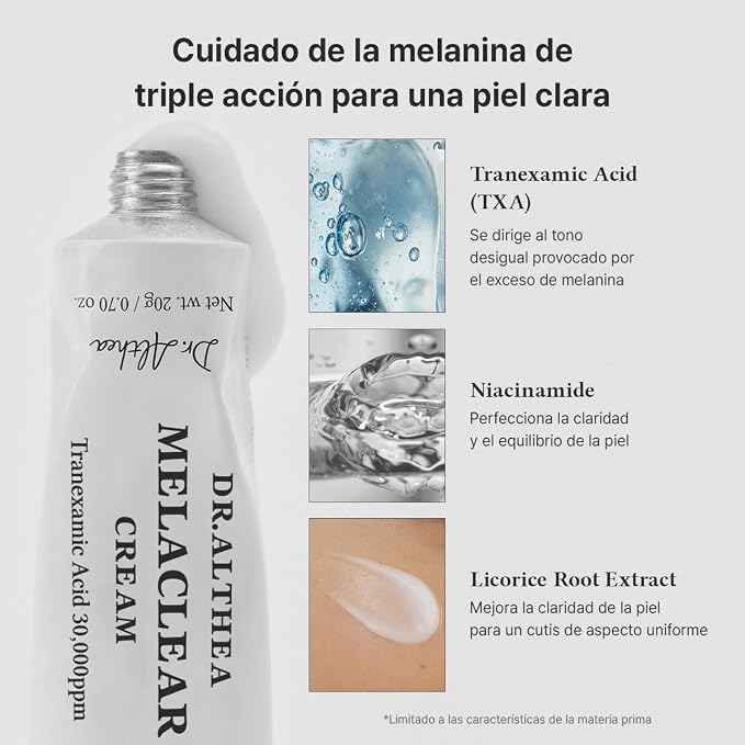 Dr.Althea Melaclear Cream | Crema Antimanchas con Niacinamida + Ácido Tranexámico (TXA) | Unifica el Tono, Hiperpigmentación y Manchas Oscuras | Fórmula Vegana Coreana | 20 ml