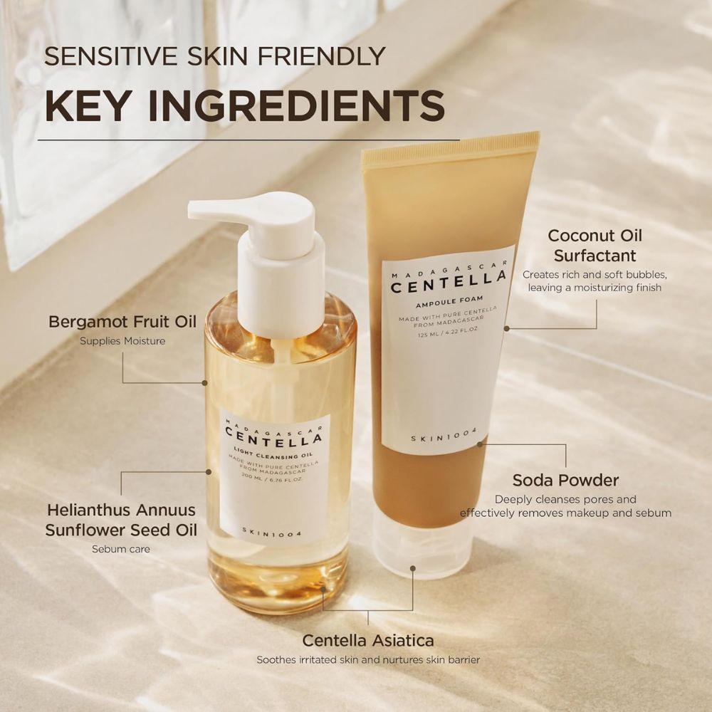 Pack SKIN1004 Madagascar Centella Double Cleansing Duo | Light Cleansing Oil 200 ml + Ampoule Foam 125 ml | Doble limpieza calmante que elimina maquillaje y limpia poros en profundidad