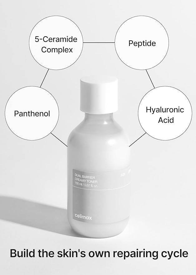 Celimax Double Barrier Creamy Toner con Ceramidas y Péptidos | Tónico Hidratante Facial | Sin Alcohol | Piel Sensible | 150ml