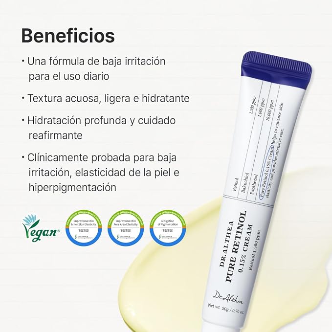 Dr.Althea Pure Retinol 0.15% Cream | Crema Antiedad para Principiantes con Retinol + Bakuchiol + Ceramidas | Suaviza Arrugas, Unifica el Tono | Cosmética Vegana Coreana | 20 ml