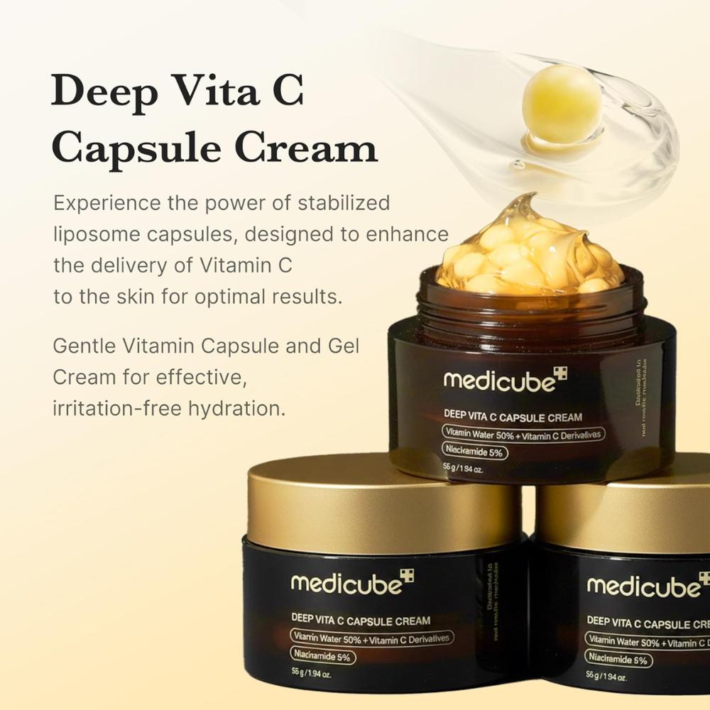 medicube Deep Vita C Golden Capsule Cream 50ml | Hidratante gel con cápsulas de Vitamina C, niacinamida + ácido ferúlico (luminosidad)