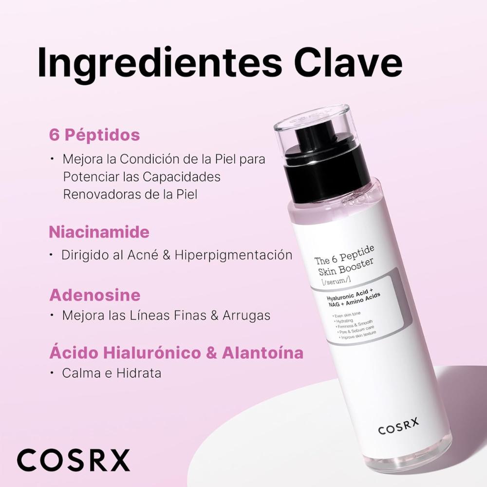 COSRX The 6 Peptide Skin Booster 150 ml, sérum/booster ligero de rápida absorción con complejo de 6 péptidos (Acetyl Hexapeptide‑8, Copper Tripeptide‑1, Palmitoyl Tripeptide‑8, Oligopeptide‑68 y más) + niacinamida + ácido hialurónico