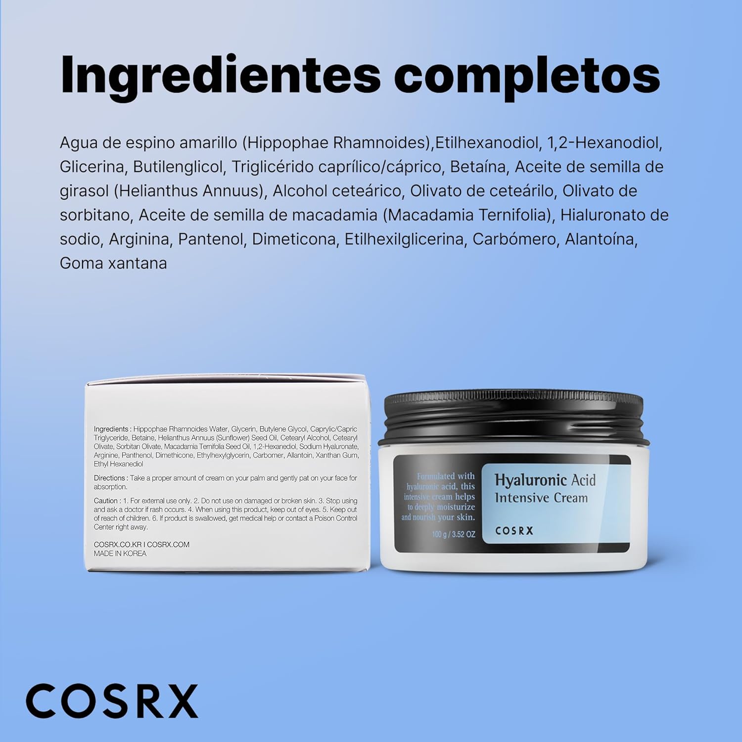 COSRX Hyaluronic Acid Intensive Cream 100 ml | Crema facial intensiva con ácido hialurónico, hidratación profunda y confort para piel seca y deshidratada
