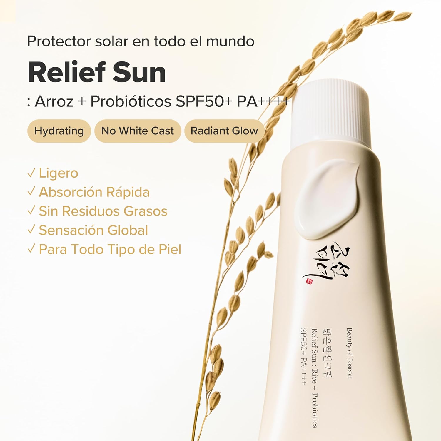 Beauty of Joseon Relief Sun SPF50 50 ml Protector Solar Arroz + Probióticos Ligero e Hidratante Textura Ultraligera y Sin Acabado Graso