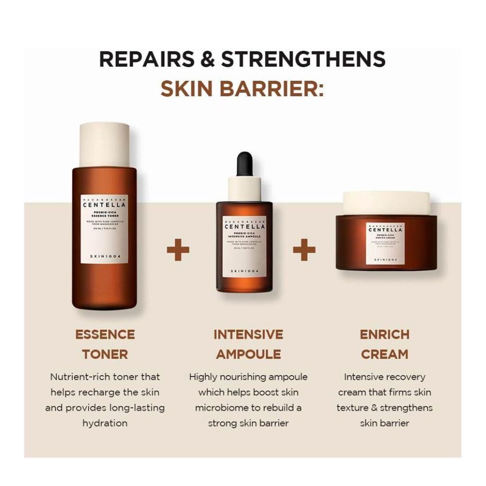 Pack Barrera Cutánea SKIN1004 Madagascar Centella Probio‑Cica | Mascarilla arcilla + Ampoule intensivo + Crema Enrich para calmar, hidratar y reforzar la piel sensible